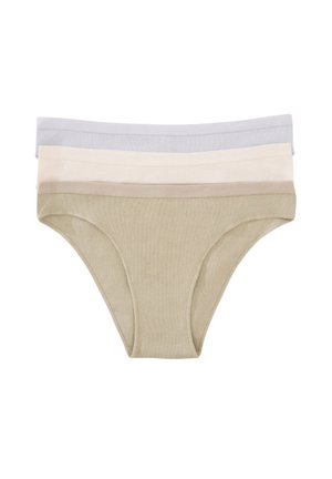 Tre par ribbede bomuldsunderbukser i beige, lysegrå og lyse hudfarver, med bløde elastiske taljebånd og sømløst design.