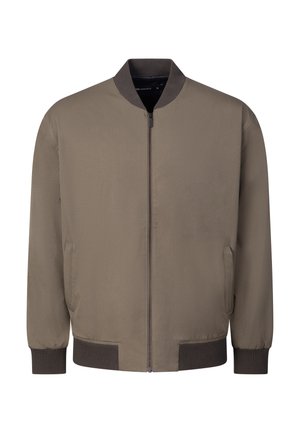 Braune Bomberjacke mit Frontreißverschluss, geripptem Kragen, Bündchen und Saum sowie seitlichen Taschen auf weißem Hintergrund.
