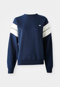 Sweatshirt bleu marine avec des rayures blanches sur les épaules, col rond, poignets et ourlet côtelés, et un petit logo sur la poitrine.