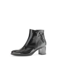 Schwarze patentierte Leder-Ankle Boots mit quadratischer Spitze, kräftigem Absatz, seitlichem Reißverschluss und dekorativem Riemen auf der Außenseite.