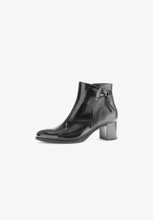 Black patent leather ankle boot with a square toe, chunky heel, side zipper, and decorative strap detail on the outer side.