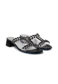 Black block-heel sandals with clear straps featuring a decorative arrangement of black gemstones, smooth black sole, and open toe design.