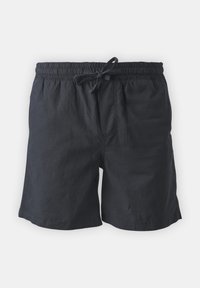 Shorts noirs à taille élastique avec cordon de serrage et poches latérales, longueur genou, en tissu léger.