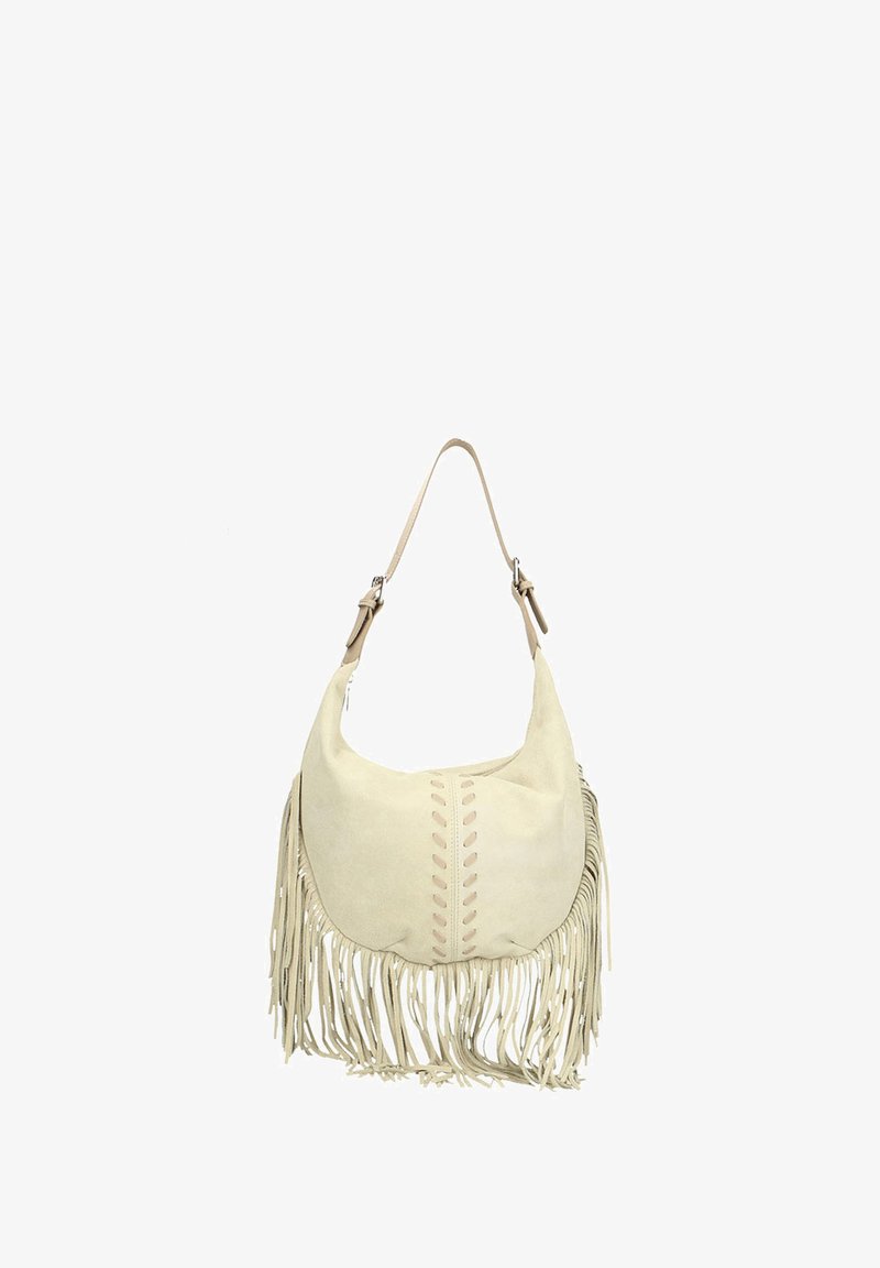 Borsa a tracolla in suede beige con forma curva, dettagli frangianti nella parte inferiore e un motivo intagliato lungo il centro. Tracolla regolabile.