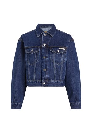 Mørkeblå cropped denimjakke med knaplukninger, brystlomme, lange ærmer og et lille Calvin Klein mærke på venstre lomme.