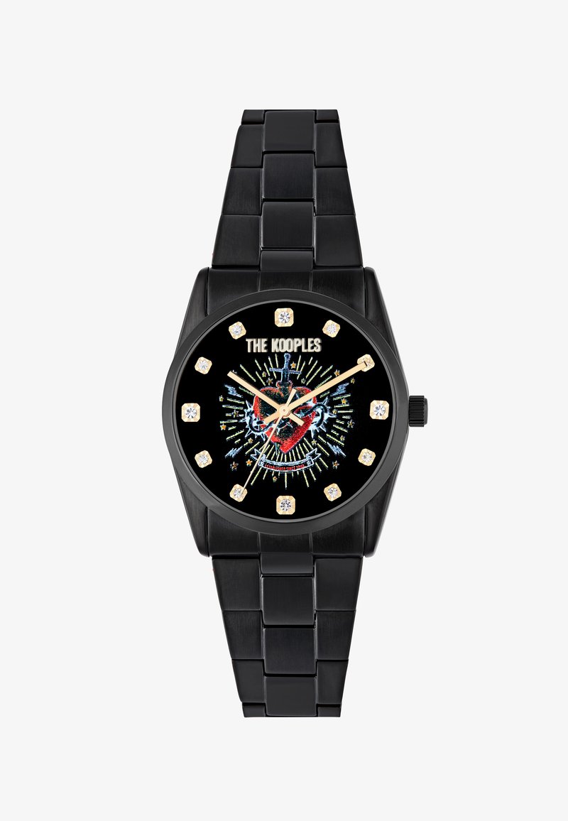 Juodas metalinis laikrodis su apvaliu ciferblatu. Juodas ciferblatas turi spalvingą grafikos dizainą ir kristalinius valandų žymeklius. Nuorodų apyrankė su blizgiu paviršiumi.