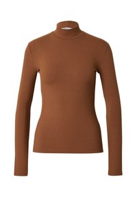 Bruin geribbelde lange mouw turtleneck top. Heeft een aansluitend ontwerp en een hoge halslijn. Zachte textuur met rek voor comfort.