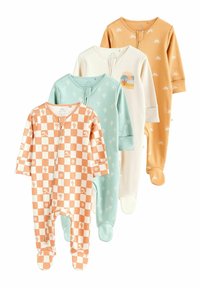 Quatre bodies pour bébé de couleurs variées : à carreaux pêche, bleu clair avec un motif de cactus, crème avec un graphique de soleil et moutarde avec des motifs de soleil.