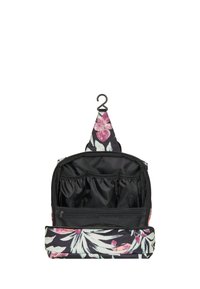 Hangende toilettas met een zwart bloemenpatroon, versierd met roze en groene accenten, met ritscompartimenten en een haak voor gemakkelijke toegang.