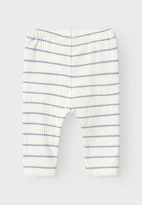 Pantalons pour bébé côtelés avec taille élastique, présentant des rayures horizontales en crème clair et bleu doux, conçus pour le confort.