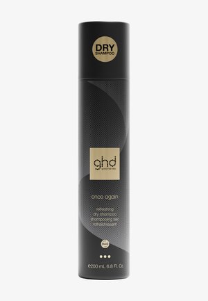 Wysoka czarna puszka odświeżającego suchego szamponu ghd Once Again ze złotym logo i napisem, 200 ml, stojąca pionowo na białym tle.