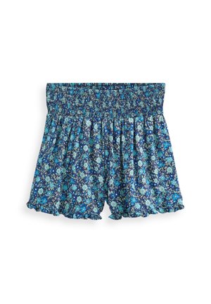 Shorts à motif floral bleu avec taille élastique smockée et ourlet à volants, posés à plat sur un fond blanc.