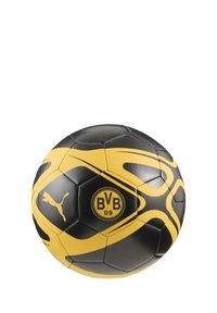 Čierna a žltá futbalová lopta s textúrovaným povrchom, s výrazným logom BVB a hladkým vzorom, ktorý integruje farby.