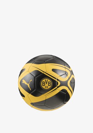 Melna un dzeltena futbola bumba ar teksturētu virsmu, kurai ir izteikta BVB logo un gluda raksta kombinācija ar sajauktiem toņiem.