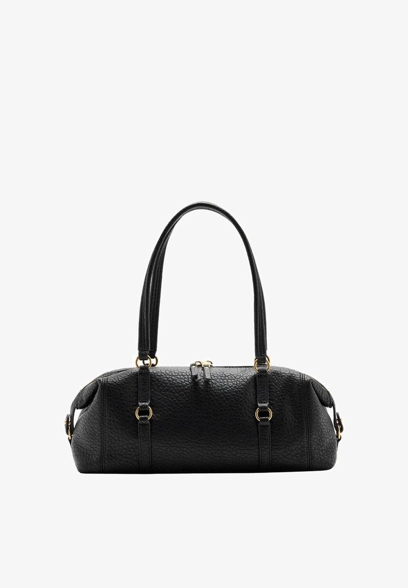 Sac à main en cuir noir texturé avec deux longues anses et des accents en anneaux métalliques dorés, présenté de face sur fond blanc.