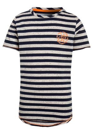 Kurzärmliges T-Shirt in Marineblau und Weiß mit horizontalen Streifen, orangefarbener Rundhalsausschlag und kleinem orangem Motiv auf der linken Brust.