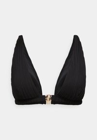 Μαύρο μπικίνι τοπ με βαθύ ντεκολτέ, ριγέ υφή και χρυσό κούμπωμα στην κεντρική πλάτη για κλείσιμο.