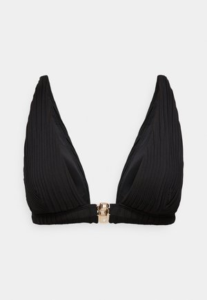 Haut de bikini noir avec un décolleté plongeant, texture côtelée et fermoir en métal doré au dos.