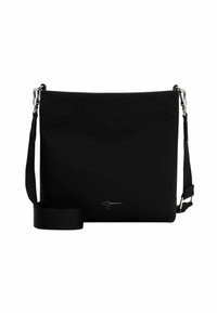 Svart korsväska i smidigt material, med rektangulär form, justerbar rem och en diskret präglad logotyp på framsidan.