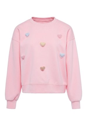 Hellrosa Sweatshirt mit langen Ärmeln, verziert mit kleinen pastellfarbenen Herz-Patches, die auf der Vorderseite verteilt sind.