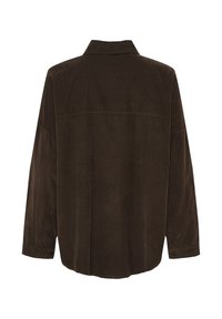 Mørkebrun langærmet fløjlskjorte med knapmanchetter, lige kant og en rygsøm, vist fra bagsiden.