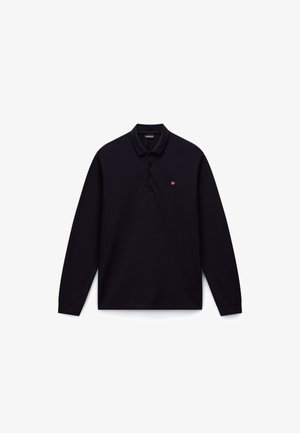 Sort langærmet poloshirt med tre knapper og lille rød og hvid flaglogo på venstre bryst.