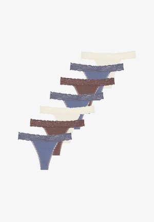 Sæt med syv trusser med blonder, i forskellige farver: creme, brun og blå. Har blødt stof og forskellige blondermønstre langs taljebånden.