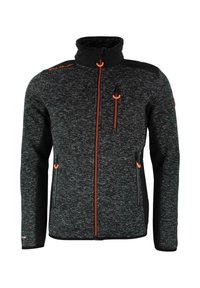 Herre fleecejakke i sort og grå med høj krave, orange lynlåsåbninger, to sidelommer og en brystlomme. Tekstureret stofdetalje synlig.
