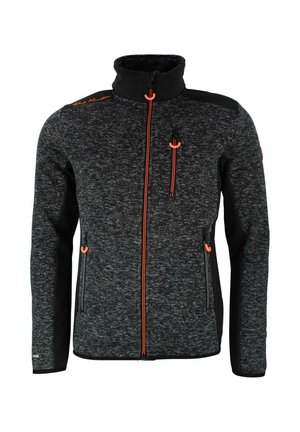 Zwart en grijs fleecejack voor mannen met hoge kraag, oranje ritsaccenten, twee zijzakken en een borstzak. Textuurdetails van de stof zijn zichtbaar.