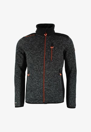Zwart en grijs fleecejack voor mannen met hoge kraag, oranje ritsaccenten, twee zijzakken en een borstzak. Textuurdetails van de stof zijn zichtbaar.