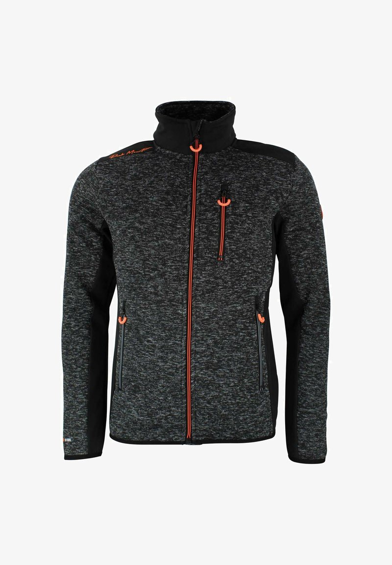 Giacca in fleece nera e grigia da uomo con colletto alto, dettagli arancioni sulla zip, due tasche laterali e una tasca sul petto. Visibile dettaglio del tessuto testurizzato.