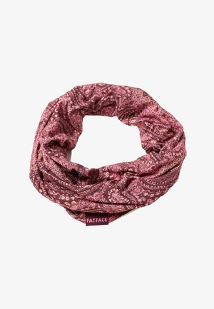 Rožinės ir bordo spalvos audinio kaklo šiltiukas su mažu "FATFACE" prekės ženklo etiketės siūlė prie krašto.