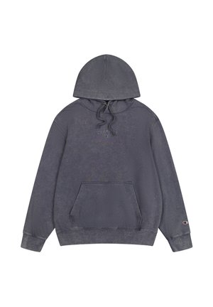 Gray cotton hoodie with a drawstring hood, kangaroo pocket, ribbed cuffs, and Champion logo embroidered on the front. Textured finish.