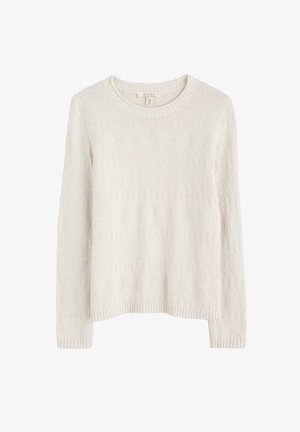 Maglione in morbido cotone crema con scollo rotondo, maniche lunghe e motivi testurizzati che creano sottili disegni geometrici. Bordo e polsini a costine.