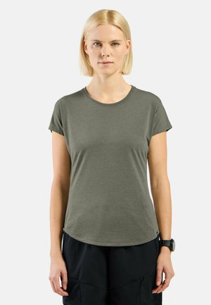 Olive green, short-sleeve t-shirt with a round neckline and soft texture. Features a relaxed fit and subtle curved hem.