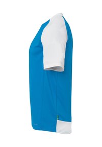 T-shirt de sport à manches courtes en bleu vif avec des accents blancs, fabriqué en tissu lisse. Doté d'un col rond et d'un design sans étiquette pour plus de confort.