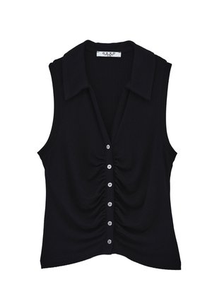 Top nero senza maniche con collo a camicia, tessuto a coste, arricciature centrali e cinque bottoni sulla parte anteriore.