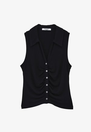 Zwarte mouwloze top met een kraaghalslijn, geribbelde textuur, centrale ruching en vijf knopen aan de voorkant.