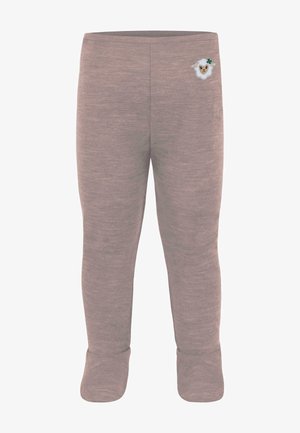 Hellbraune Leggings aus einem weichen, elastischen Stoff. Mit einem Schafdesign und einem grünen Akzent auf dem linken Oberschenkel. Eng anliegende Fußabschlüsse.