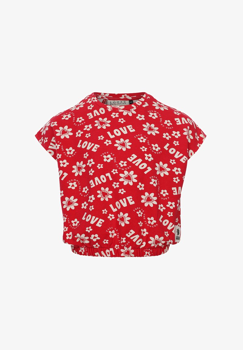 Rode crop top met een bloemmotief en het woord "LOVE" in het wit. Korte mouwen en een elastische tailleband maken het ontwerp compleet.