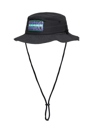 Black bucket hat made of fabric, featuring a front logo in pastel colors and adjustable chin strap. Wide brim and textured surface.