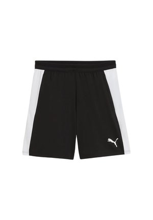Zwarte sportshorts met witte zijpanelen en een wit Puma-logo op het onderste gedeelte van het rechterbeen, met een elastische tailleband.