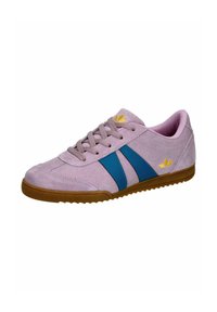 Pink suede sneaker featuring teal stripes, a yellow logo accent, and a gum rubber outsole with a textured grip pattern.