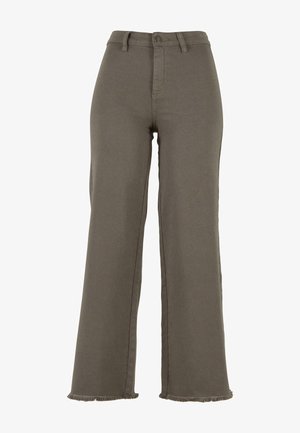 Olijfgroene wijde denim broek, met een knoopsluiting, rafelige zoom en voorzakken. Gladde textuur overal.