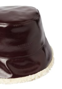 Dark brown shiny bucket hat with white fleece trim and subtle embossed "Pepe Jeans London" logo on side.