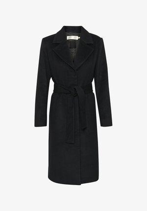 Fekete gyapjú kabát övvel a derékban, kivágott gallérral és hosszú ujjakkal. Simább textúra és egyenes fazon. Minimalista stílus.