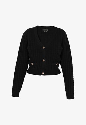 Cardigan negro de punto acanalado con escote en V, que presenta un diseño corto, mangas largas y detalles de botones en oro rosa. Cuenta con dos bolsillos frontales.