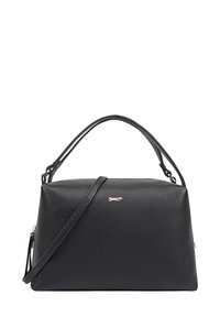 Zwarte leren handtas met een gestructureerde vorm, voorzien van een bovenhandgreep en een afneembare schouderband. Gouden hardwareaccent aan de voorkant.