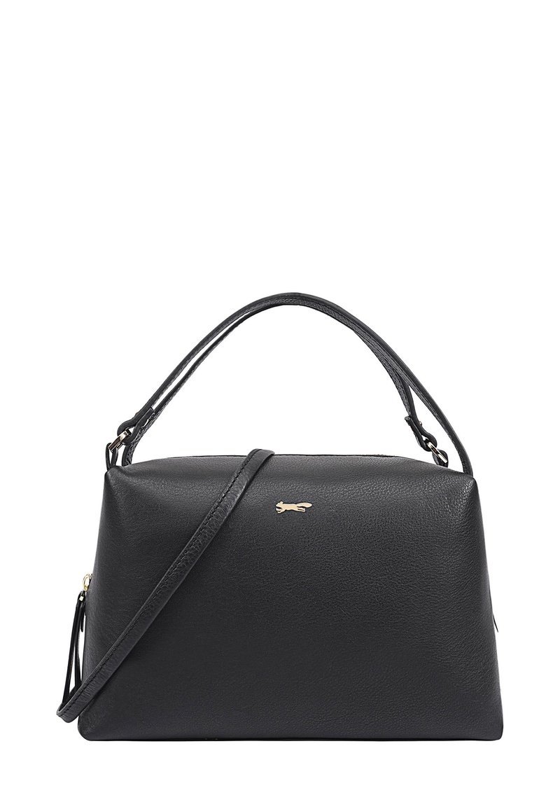 Zwarte leren handtas met een gestructureerde vorm, voorzien van een bovenhandgreep en een afneembare schouderband. Gouden hardwareaccent aan de voorkant.