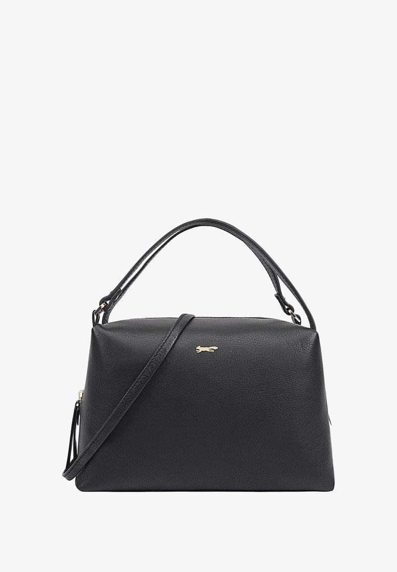 Sac à main en cuir noir avec une forme structurée, doté d'une anse supérieure et d'une bandoulière amovible. Accents en doré sur le devant.